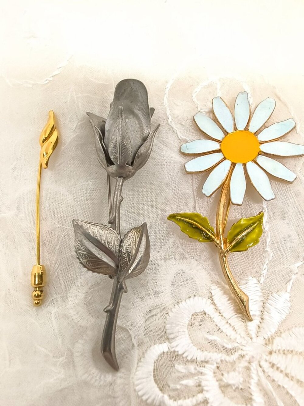 Monet Stick Pin~ Silver-Tone Rose Brooch & ACCESSOCRAFT NYC Daisy Enamel Pin